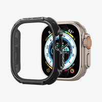ACS05457 - Apple Watch Ultra (Apple Watch (49mm)) Case Tough Armor in black showing the case hovering in front of watch face